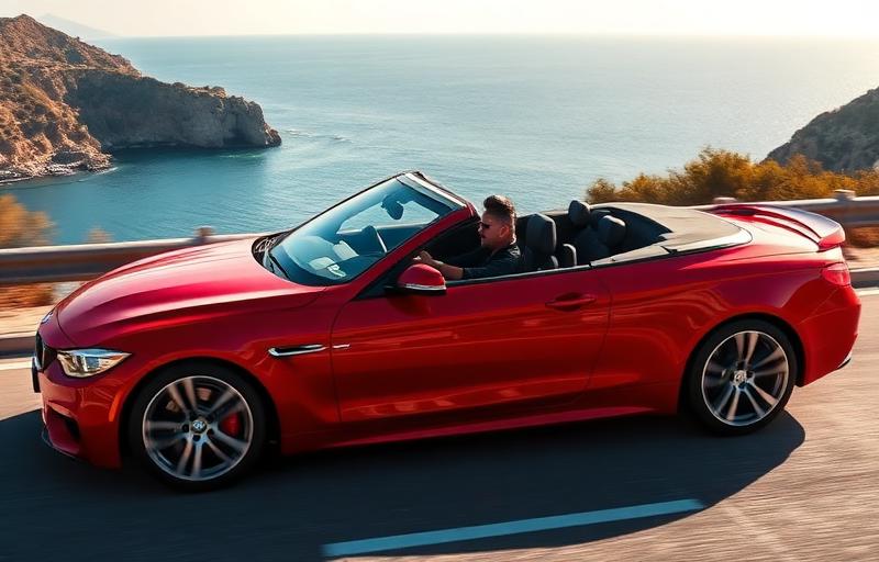 Red convertible on coastal road