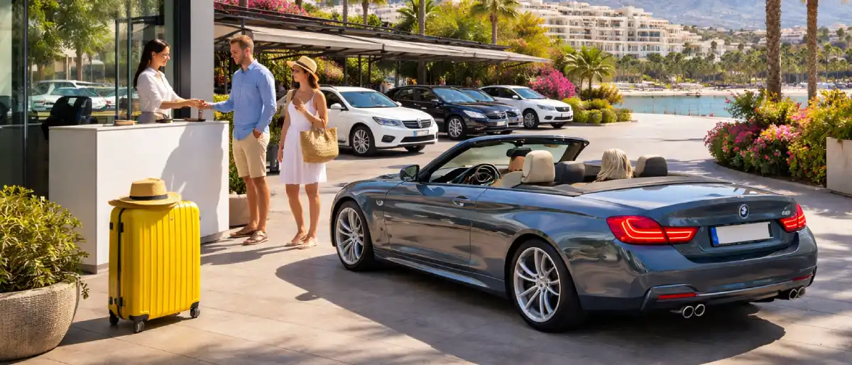 Couple picking up a cheap rental car at a Marbella car hire office with convertible and fleet cars parked in the sunny marina area