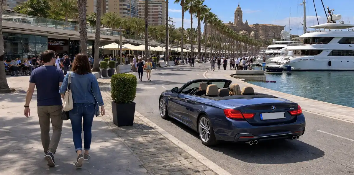 BMW 4 Series convertible driving along Málaga marina promenade with yachts, palm trees and cathedral in the background on a sunny day