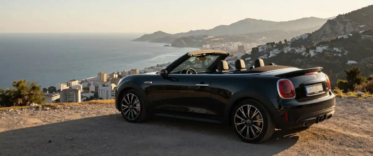 Black convertible car parked above Marbella coastline at sunset