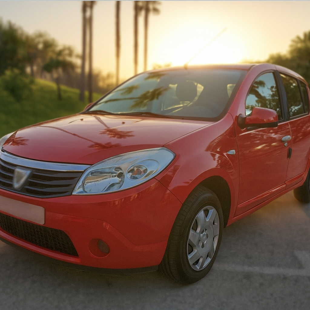 A red Dacia Sandero is parked on a smooth roadway in Marbella during a warm sunset, with golden light filtering through tall palm trees that frame the scene. The compact hatchback's glossy red paint reflects the surrounding landscape, emphasizing its practical size and well-maintained exterior. The softly blurred license plate keeps attention on the vehicle itself, making it stand out as an ideal option for travellers looking to rent a car Marbella. The Mediterranean setting—green hills, palm silhouettes, and a calm evening sky—highlights the convenience and freedom of choosing to rent a Dacia Sandero Marbella for exploring the city, coastal roads, and nearby attractions.