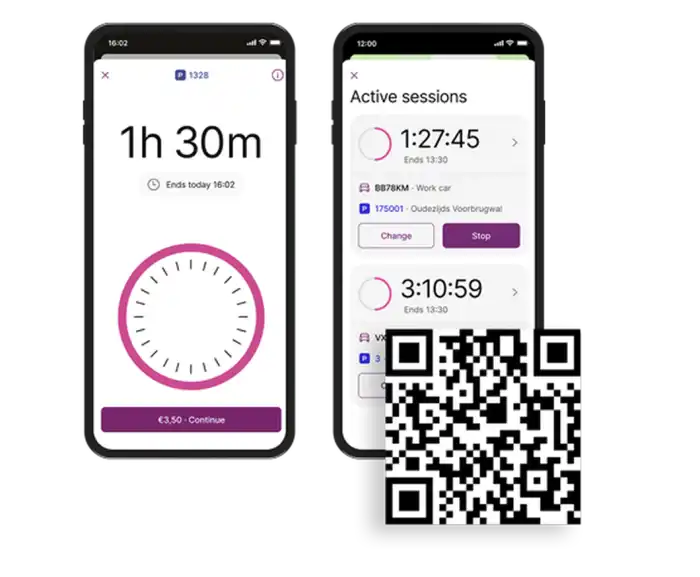 EasyPark app interface showing parking timer and active sessions with QR code