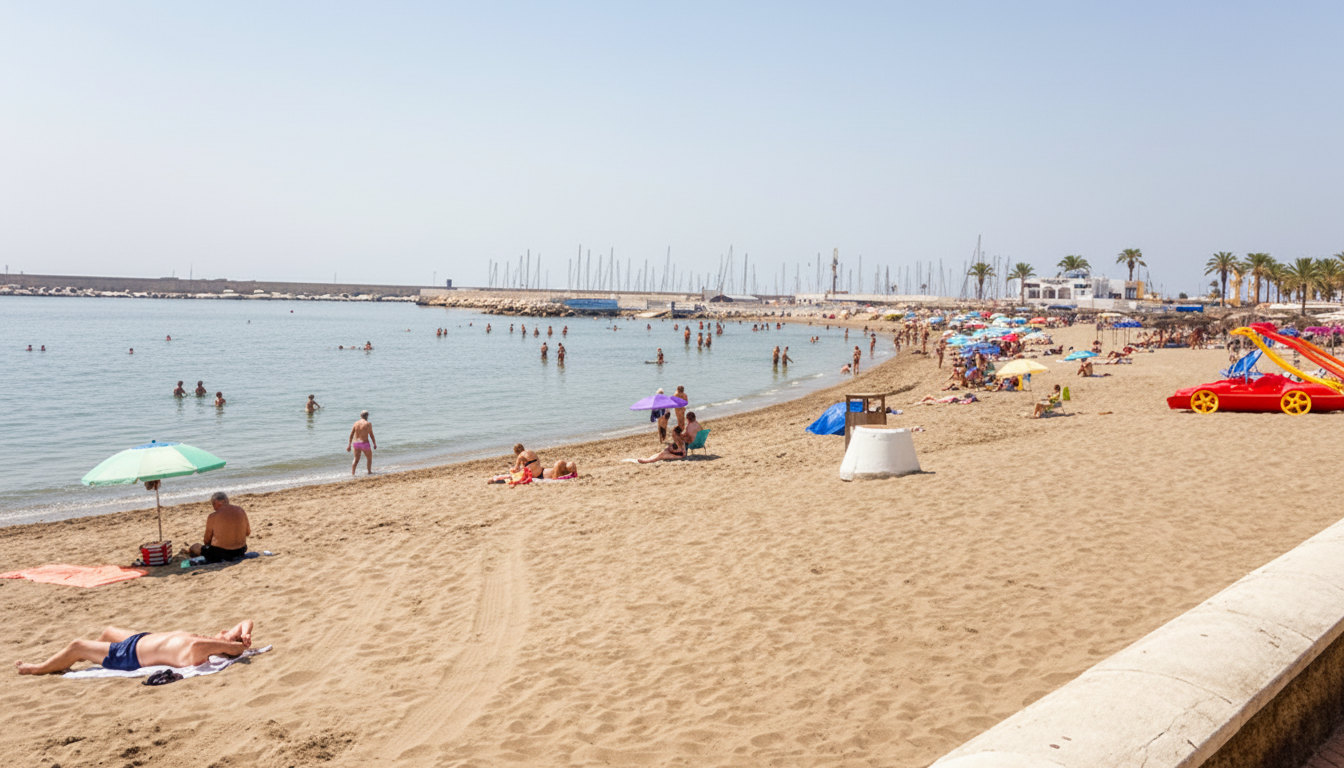 Fuengirola beach on Costa del Sol with calm sea, promenade and marina view