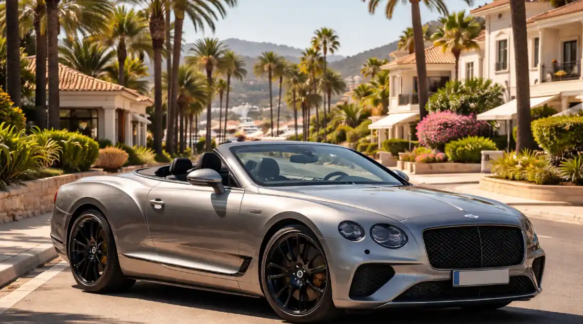Silver Bentley Continental GT convertible parked on a palm-lined street in Puerto Banús, Marbella, with luxury villas and yachts in the background