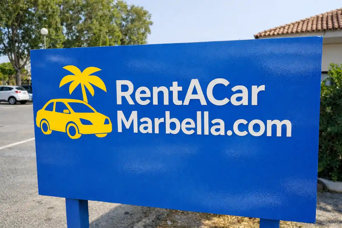 RentACarMarbella.com office sign outside our Marbella headquarters with palm tree logo
